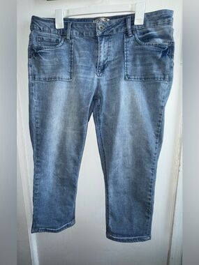 Seven7 Girlfriend Jeans Size 14 Medium Wash Stretch Denim Cropped Pockets